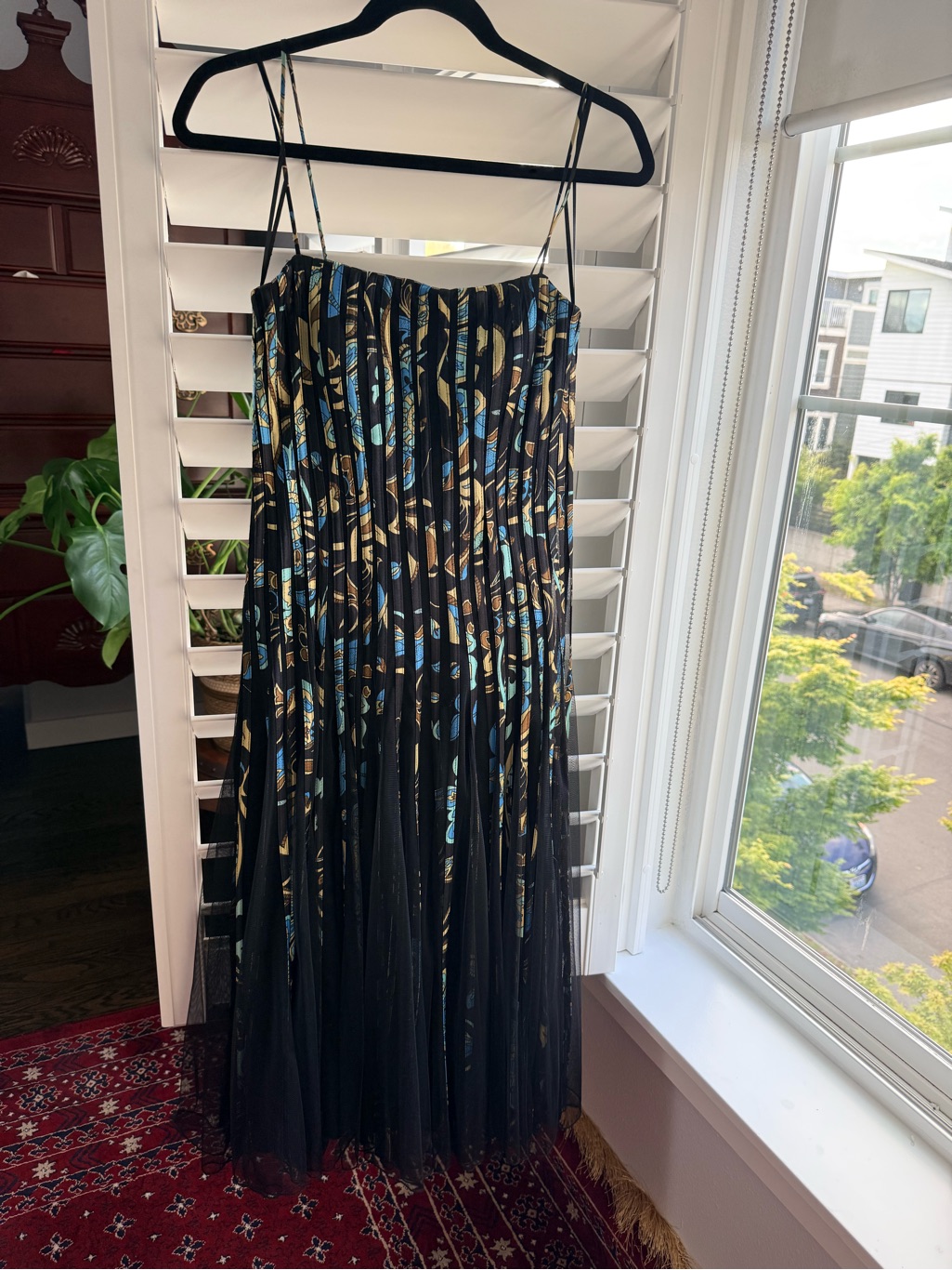 Black Pleated Maxi Dress With Blue And Gold Leaf Print Unique